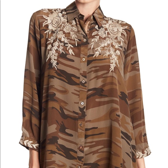JOHNNY WAS Oversized large ollive lagenlook embroidered silk button down top - Picture 9 of 10